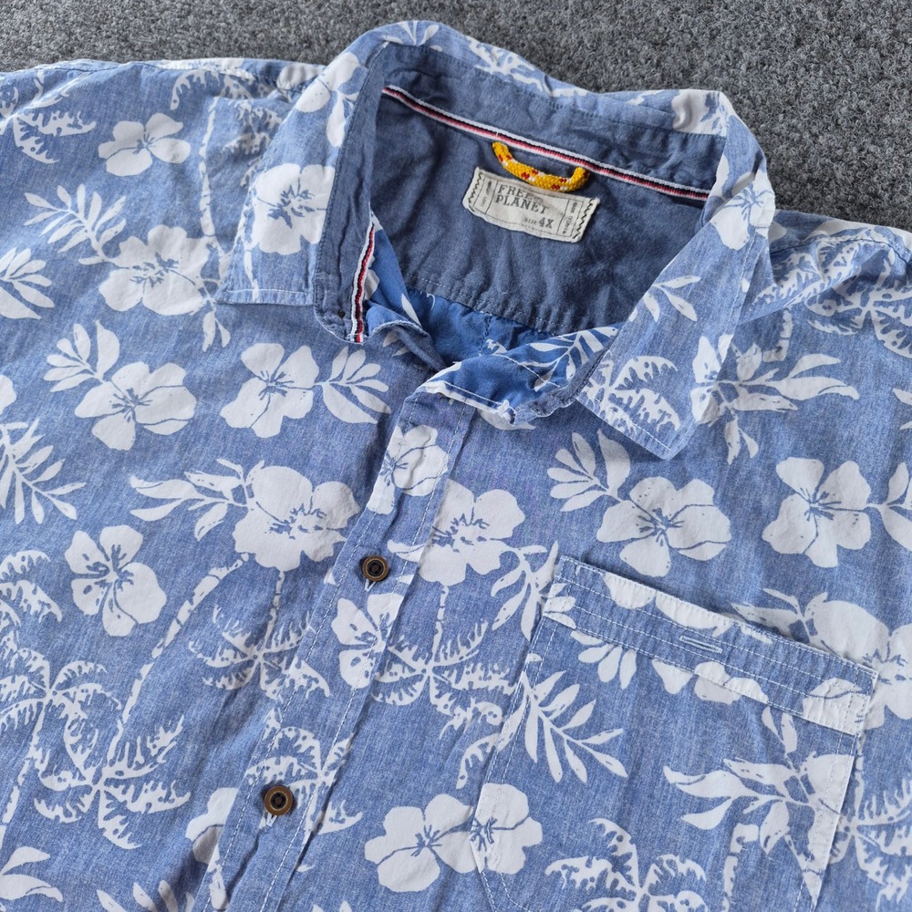 Free Planet Mens 4X Blue White Floral Hibiscus Palm Cotton Button Down Shirt